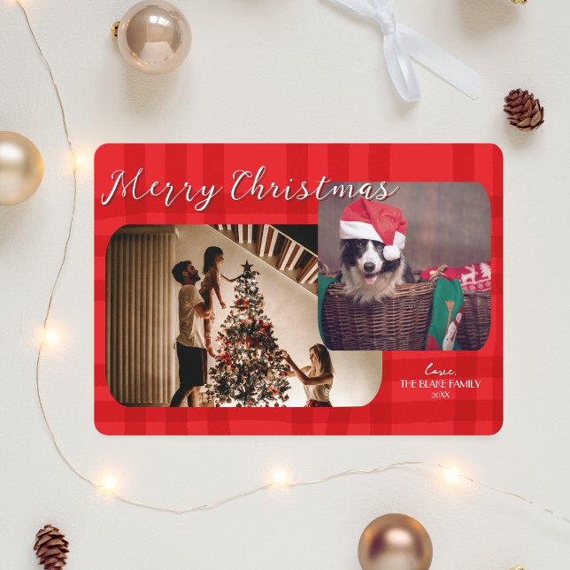 Modern Christmas Card | Red Plaid Double-Photo (Creator Uploaded)