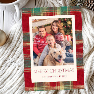 Modern Christmas classic red green plaid 1 photo Holiday Card