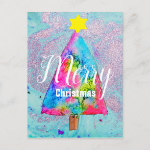 Modern Christmas colourful blue and pink glitter Holiday Postcard