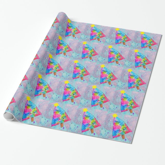 Modern Christmas colourful blue and pink glitter Wrapping Paper (Unrolled)