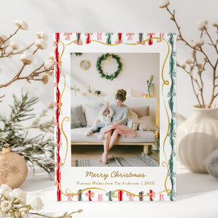 Modern Christmas Coquette Bow Pattern 1 Photo Holiday Card
