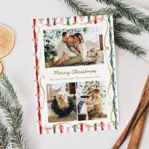 Modern Christmas Coquette Bow Pattern 3 Photo Holiday Card