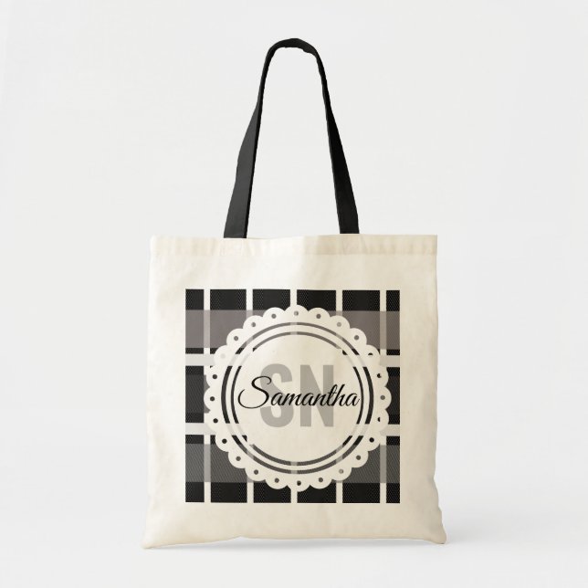 Modern Christmas Cottage Monogram Plaid Library Tote Bag (Front)