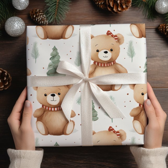 Modern Christmas Cute Teddy Bears  Wrapping Paper Sheet (Creator Uploaded)