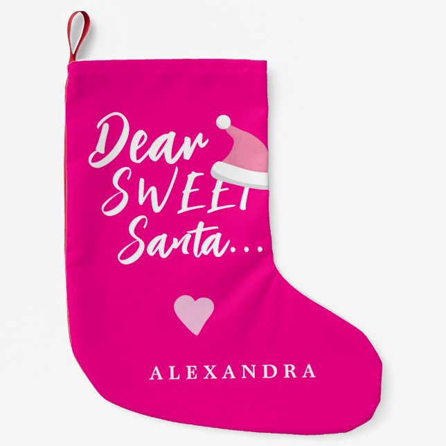 Modern Christmas dear Santa script your name pink Small Christmas Stocking (Front)