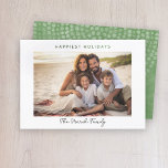 Modern Christmas Dots White Border Photo Happiest Holiday Card<br><div class="desc">Olive Sage Green Bohemian Dot Circle Pattern on Back - Use 1 horizontal photo and add your family name and greeting. The white border and modern fonts makes this a minimal design on the front. The gold bohemiam dots on the back are a trendy, boho design for the year. If...</div>