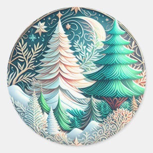 Modern Christmas Elegant Trees Illustration Classic Round Sticker