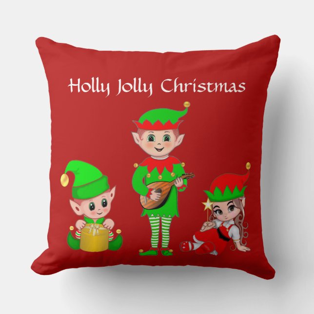 Modern Christmas Elf Squad on Red Cushion (Front)