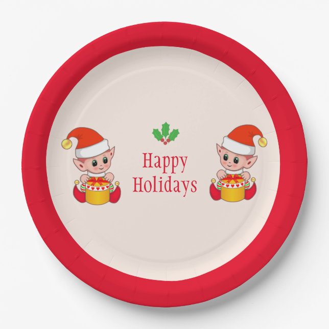 Modern Christmas elves on red and ivory Paper Plate (Front)