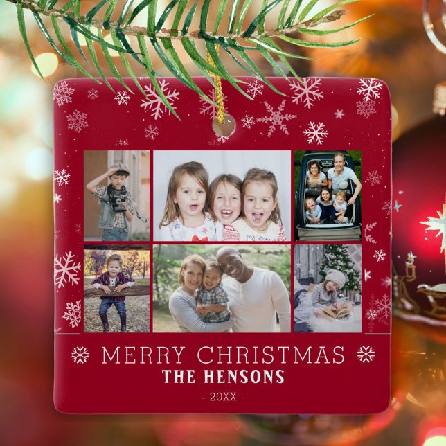 Modern Christmas Family 6 Photo Collage Ceramic Ornament (Creator Uploaded)