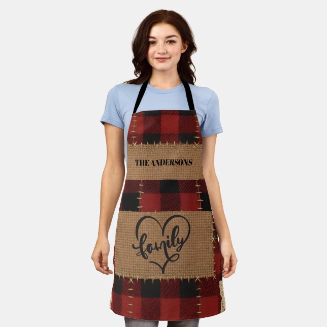 Modern Christmas Family Name Red Buffalo Plaid  Apron (Worn)