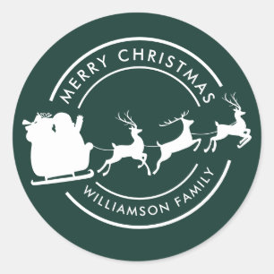 Modern Christmas Family Name Santa Green Custom Classic Round Sticker