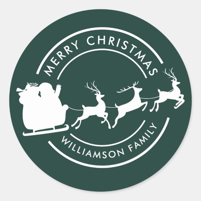 Modern Christmas Family Name Santa Green Custom Classic Round Sticker (Front)