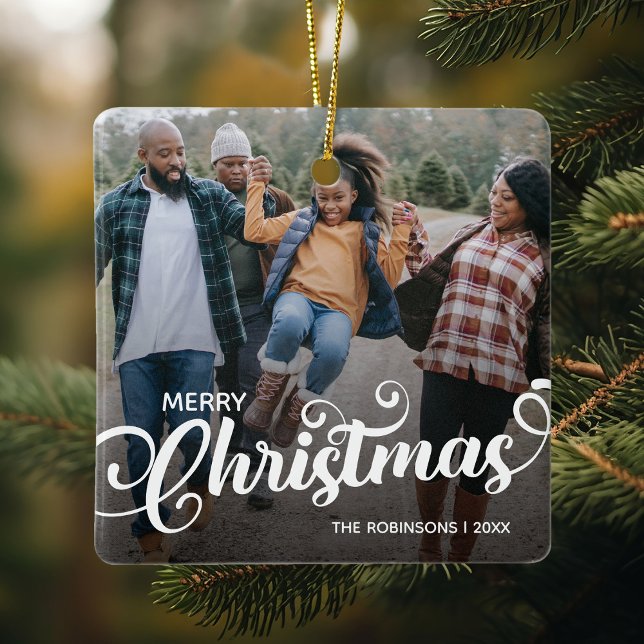 Modern Christmas Family Photo Ceramic Ornament (Creator Uploaded)