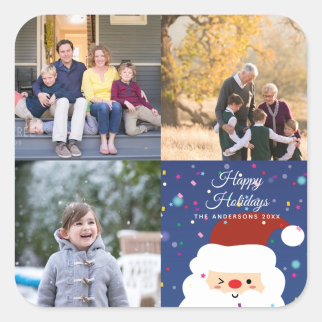 Modern Christmas Family Photo Collage Holiday Square Sticker (Front)