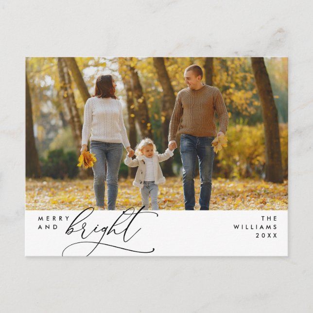 Modern, Christmas Family Photo, Merry and Bright  Postcard (Front)