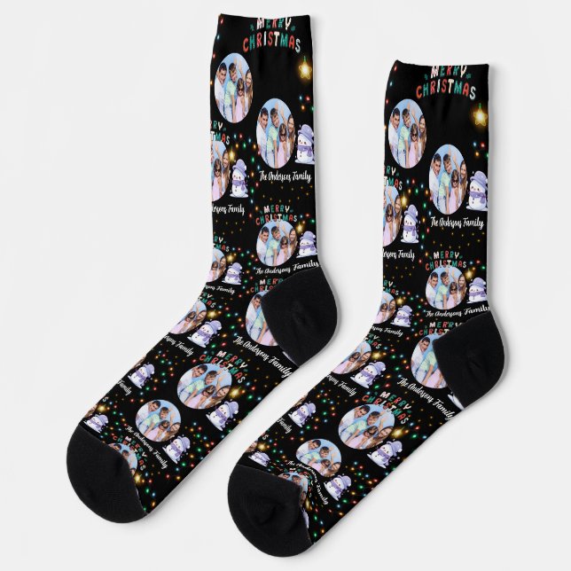 Modern Christmas Family Snowman Photo and Name  Socks (Left)
