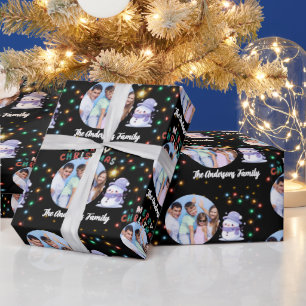 Modern Christmas Family Snowman Photo and Name Wrapping Paper