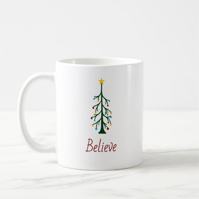 Modern Christmas Festive Believe Evergreen Tree Coffee Mug (Left)