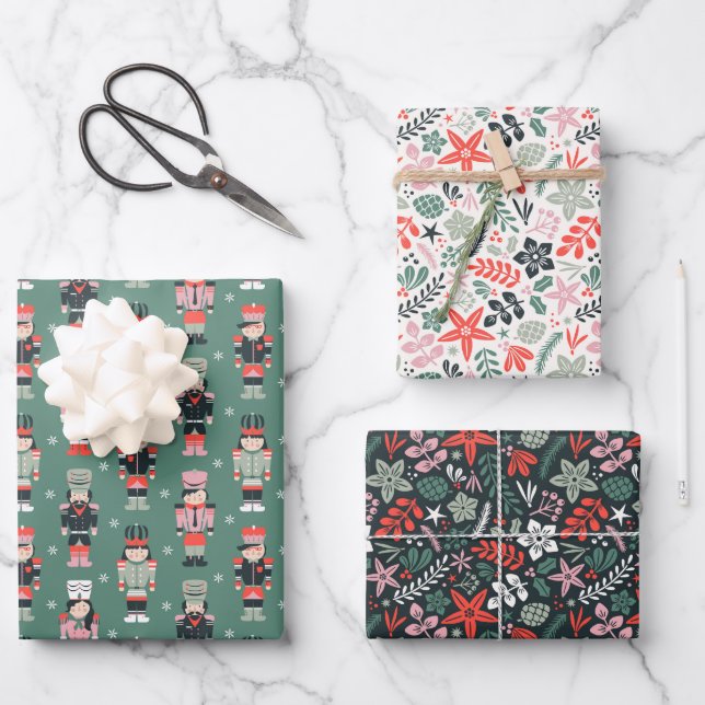 Modern Christmas floral and nutcrackers Wrapping Paper Sheet (Front)