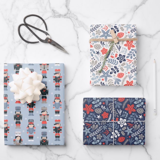 Modern Christmas floral and nutcrackers Wrapping Paper Sheet (Front)