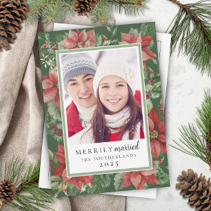 Modern Christmas Floral Merrily Married Newlywed Holiday Card
