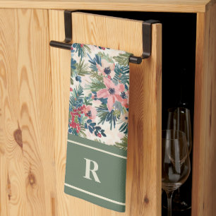 Modern Christmas Floral Monogram Tea Towel