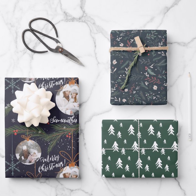 Modern Christmas floral red green blue photo Wrapping Paper Sheet (Front)