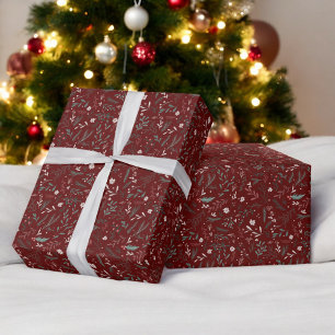 Modern Christmas floral red green chic pattern Wrapping Paper
