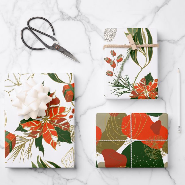 Modern Christmas Florals Greenery Wrapping Paper Sheet (Front)