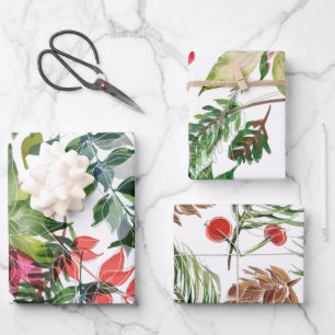 Modern Christmas Florals Greenery Wrapping Paper Sheet