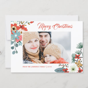 Modern Christmas Flowers Foliage Photo Holiday Card