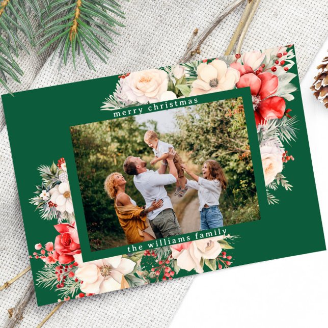 Modern Christmas Flowers Greeting Photo  Holiday Card (Creator Uploaded)