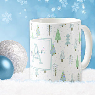 Modern Christmas Forest Trees Blue Green Monogram Coffee Mug