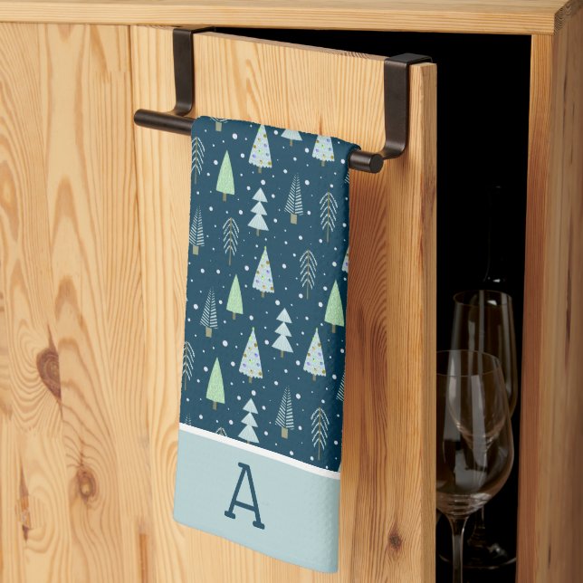 Modern Christmas Forest Trees Monogram Blue Green Tea Towel (Thirds Fold)