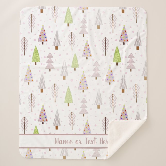 Modern Christmas Forest Trees Pink Mauve Name Sherpa Blanket (Front)