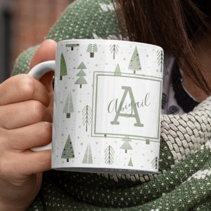Modern Christmas Forest Trees Sage Green Monogram Coffee Mug