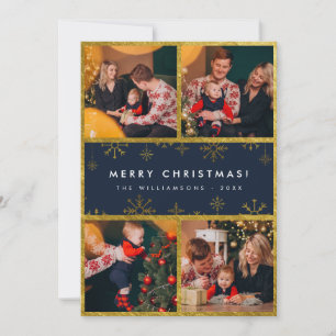 Modern Christmas Gallery Blue & Gold Family Photos Holiday Card