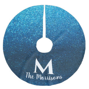 Modern Christmas Glitter Monogram Family Name Brushed Polyester Tree Skirt