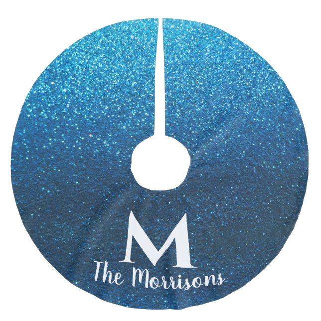 Modern Christmas Glitter Monogram Family Name      Brushed Polyester Tree Skirt (Front)