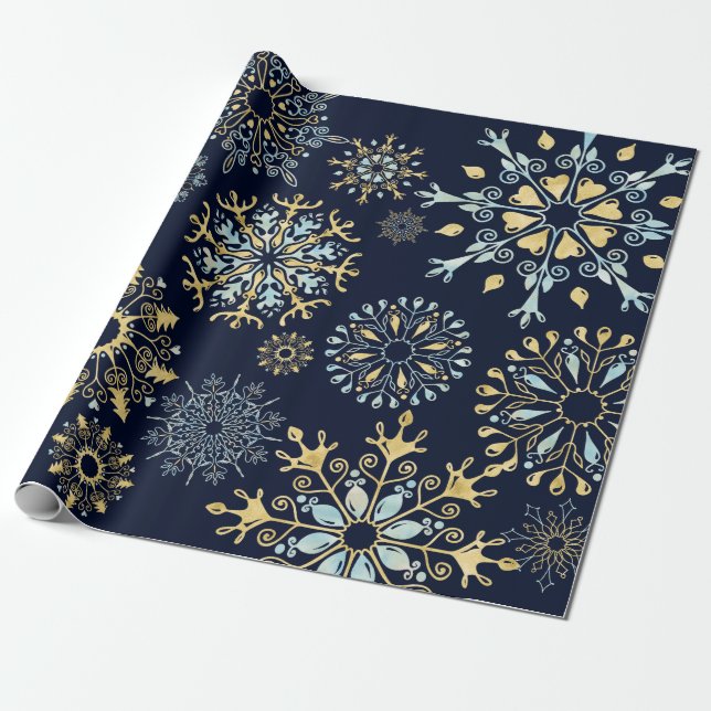 Modern Christmas Gold Blue watercolor Snowflake  Wrapping Paper (Unrolled)