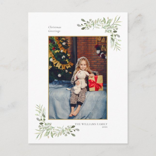 Modern Christmas Gold Geometric Greenery Photo Holiday Postcard (Front)