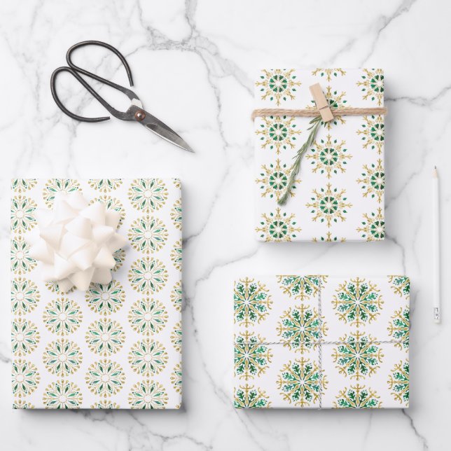 Modern Christmas Gold Green Snowflake Wrapping Pap Paper Sheet (Front)