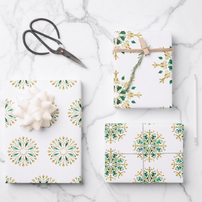 Modern Christmas Gold Green Snowflake Wrapping Paper Sheet (Front)