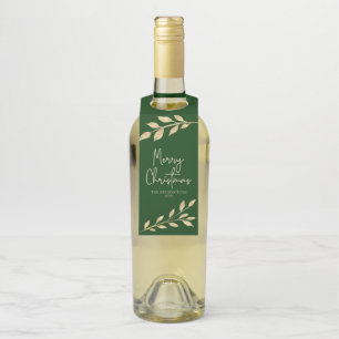 Modern Christmas Gold Leaves on Forest Green Bottle Tag