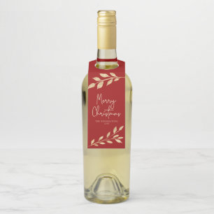 Modern Christmas Gold Leaves on Holiday Red Bottle Tag