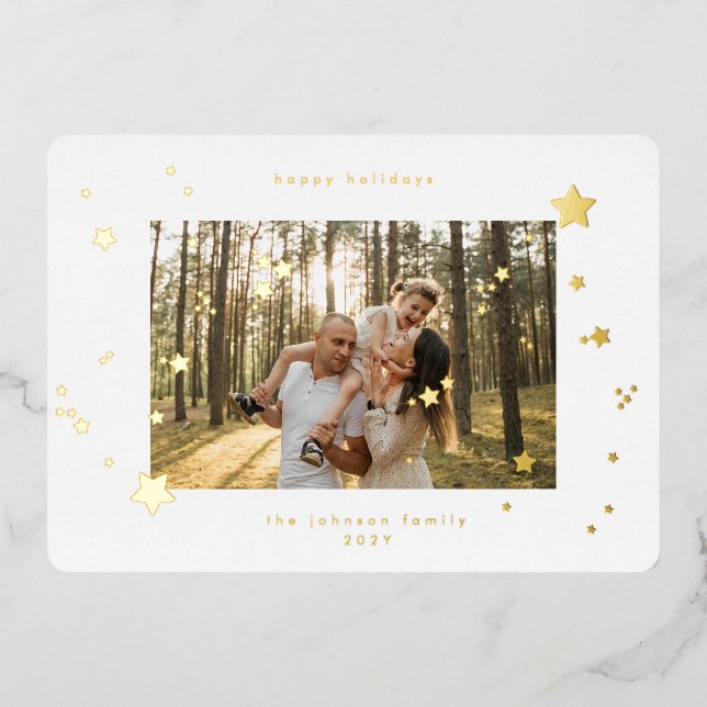 Modern Christmas Gold Pressed Stars Photo Happy Foil Holiday Card (Front)