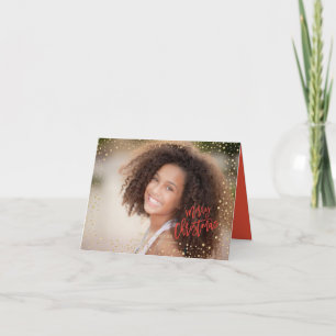Modern Christmas Gold & Red Dots Lettering Photo Holiday Card