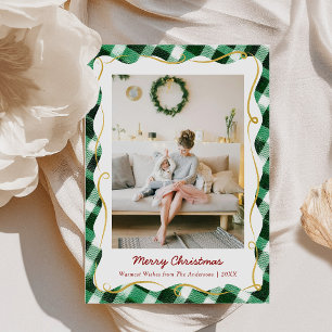 Modern Christmas Green Gingham Pattern 1 Photo Holiday Card