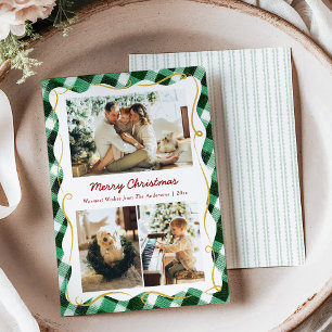 Modern Christmas Green Gingham Pattern 3 Photo Holiday Card